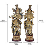 Brass Radha Krishna idol statue pair, front view; size shows 15 inches height