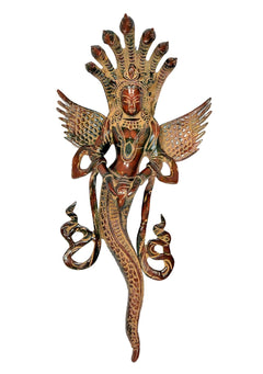 Brass Naga Kanya idol with multi-hood serpent crown, detailed face, spread wings and ornaments
