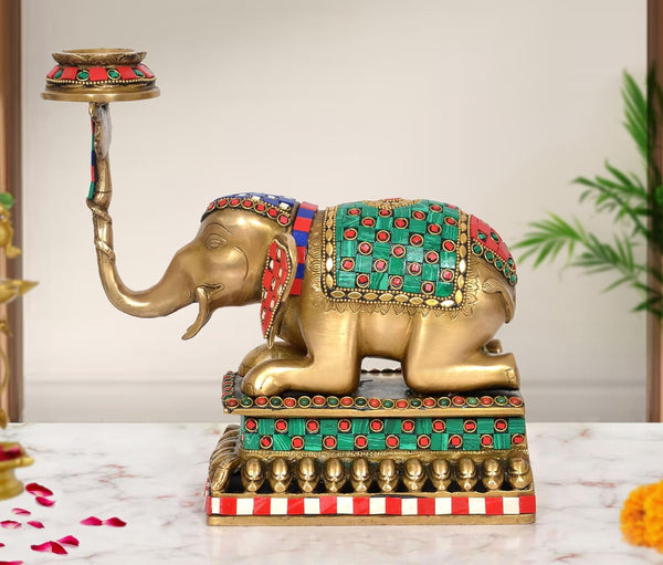 Brass Elephant Candle Stand Lamp Diya (Height: 10 inch)