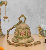 Brass hanging temple bell with Ram Darbar relief and beaded chain, 14 in