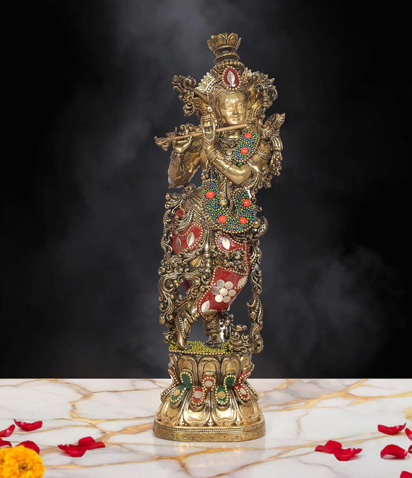 Superfine Brass Lord Krishna Sculpture Playing Flute (Height:10 Inch)