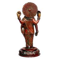 Rear view Dhanvantari brass statue, fan-like halo and green striped drape, 8 in