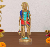 Brass Hanuman idol, standing with gada; blue, red and turquoise inlay details