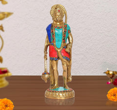 Brass Hanuman idol, standing with gada; blue, red and turquoise inlay details