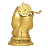 Gold-tone Radha Krishna brass idol statue, close side view of faces and halo