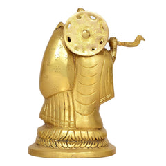 Gold-tone Radha Krishna brass idol statue, close side view of faces and halo