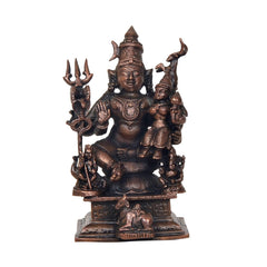 Copper Shiv Parivar showpiece statue, detailed seated deity with trident and hand gestures
