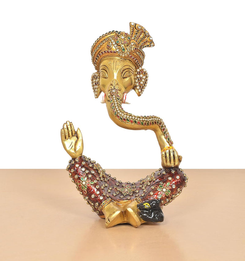 Brass Modern Ganesha Idol With Stone Work Finish (Height 10 Inch)