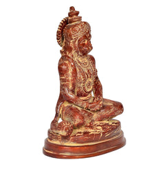 Brass Hanuman meditating idol statue, side view with layered ornaments and raised base