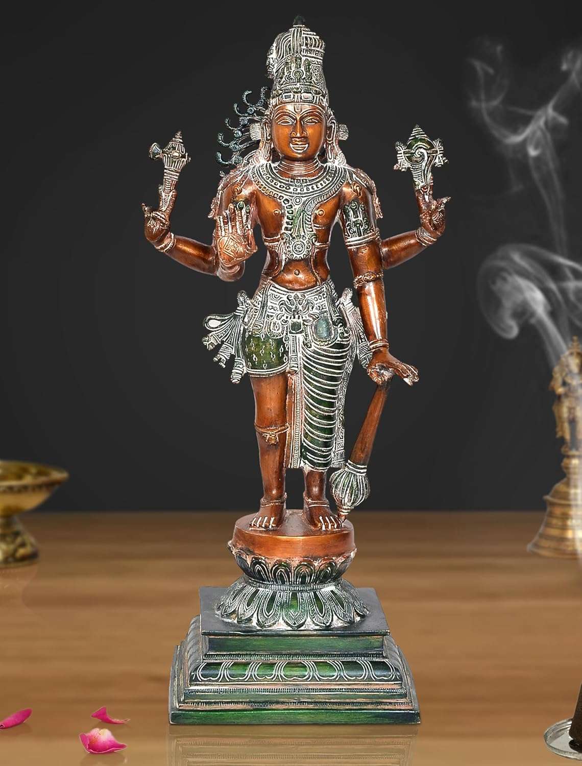 Brass standing Hariharan statue, half Shiva half Vishnu, raised arms, green silver accents