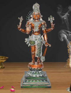 Brass standing Hariharan statue, half Shiva half Vishnu, raised arms, green silver accents