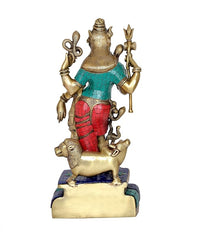 Back view brass Ardhnari statue, teal and red clothing, trident raised, on square base