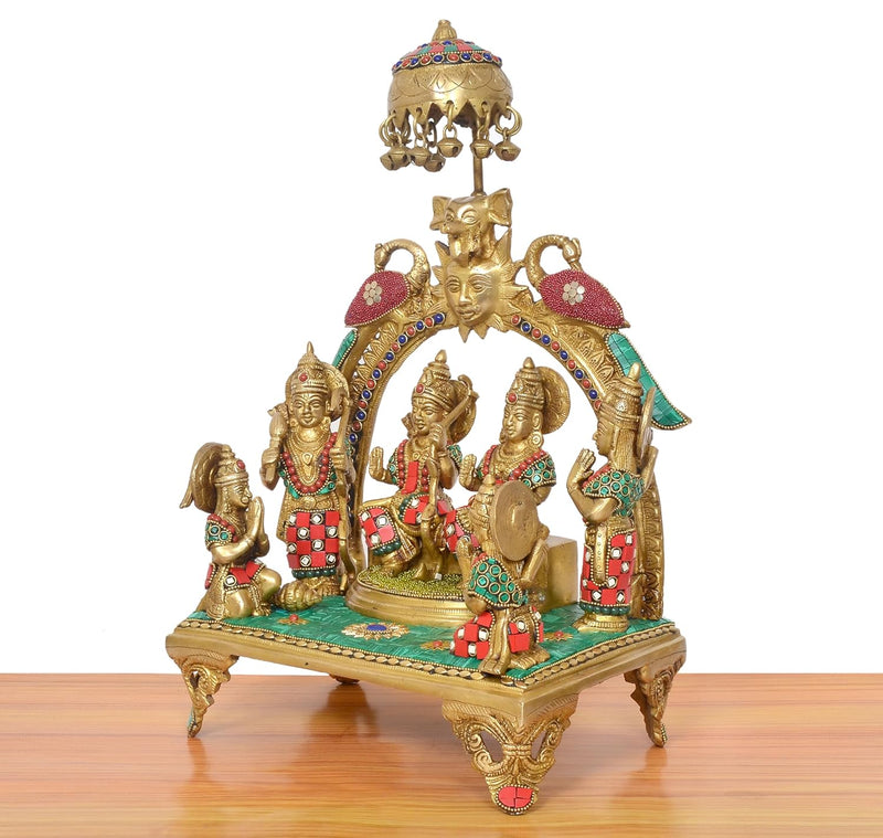 Brass Ram Darbar Murti Chtra On Top with Sun Peacock and Singhashan (Height: 17 inch)