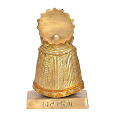 Brass Khatu Shyam idol statue back view with crown and detailed garment pattern