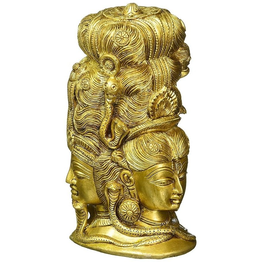 Brass triple-face Shiva-Parvati head statue with Ganga top ornament