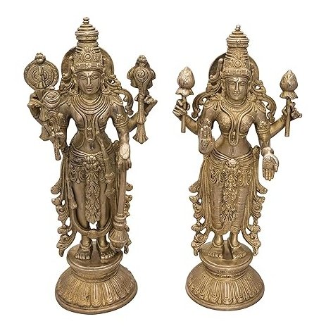 Brass Vishnu and Maa Lakshmi standing statue showpiece, ornate four-armed design