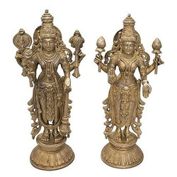 Indian Lord Vishnu with Maa Lakshmi Standing Statue Decorative Showpiece - (Brass, Height 13")