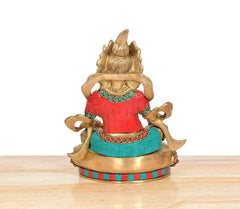 Brass Kuber murti idol, rear view with red-and-green torso and jeweled waist belt