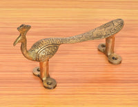 Gold brass peacock door pull with two base plates and screw holes, long bar style