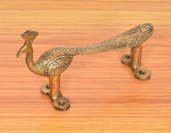 Gold brass peacock door pull with two base plates and screw holes, long bar style