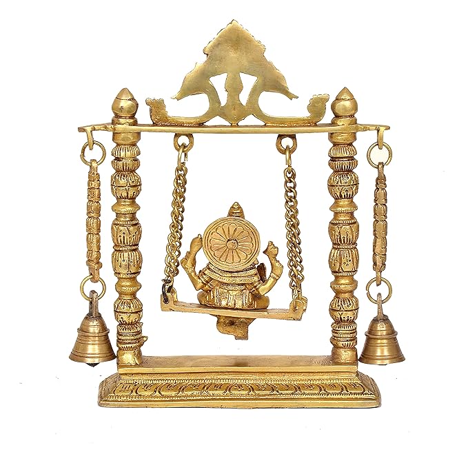 Ganesha Sitting on Swing Idol Ganesha Religious Multicolor Brass Statue (Height 8.5 Inch)