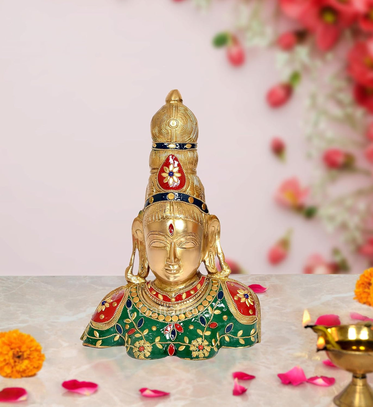Brass Parvati bust statue with green robe and red accents, 10 inch home decor