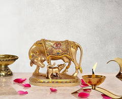 Resin cow with calf figurine, gold tone, for pooja mandir decor (5 inch)