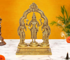 Brass Vishnu with Shridevi and Bhudevi statue (10 inch), three figures with ornate halo