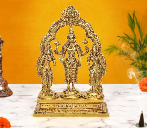 Brass Lord Vishnu Shridevi and Bhudevi Statue (Height 10 Inch)