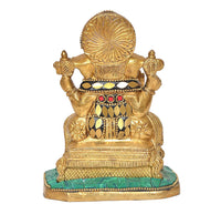 AONA brass Ganesha idol statue from behind, blue crown, patterned back, teal base