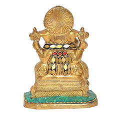 AONA brass Ganesha idol statue from behind, blue crown, patterned back, teal base