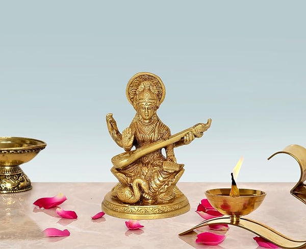 Brass Goddess Saraswati with side swan (Height 5 Inch) Mandir Setting