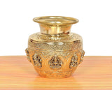 Brass pooja kalash with embossed diamond pattern and Ashtalakshmi goddess on body