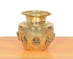 Brass pooja kalash with embossed diamond pattern and Ashtalakshmi goddess on body