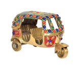 Brass tuk-tuk sculpture with gold body, blue and red bead borders, side wheels