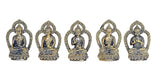 Set of 5 brass small seated Buddha idols, front view with patterned robe and halo