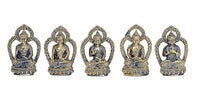 Set of 5 brass small seated Buddha idols, front view with patterned robe and halo