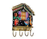 Iron house keychain holder with four hooks, stars, and two colorful birds