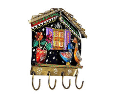 Iron house keychain holder with four hooks, stars, and two colorful birds