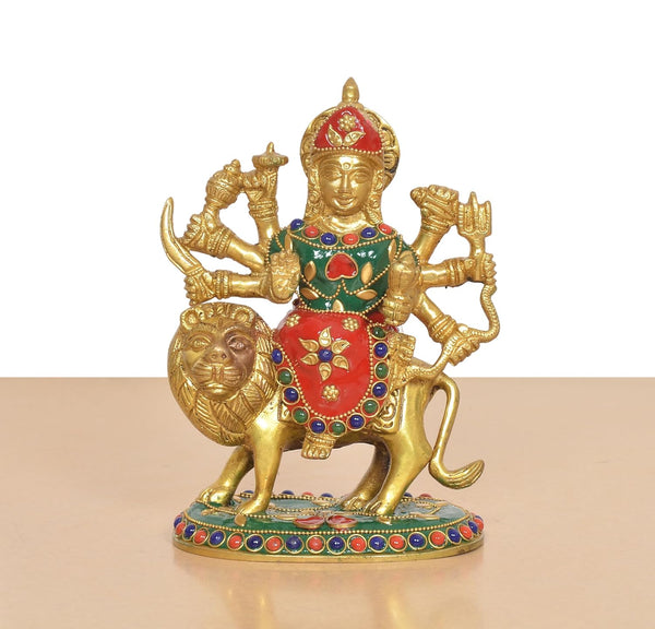 Brass Durga Maa with Lion Idol (Height: 6.5 Inch) Study Setting