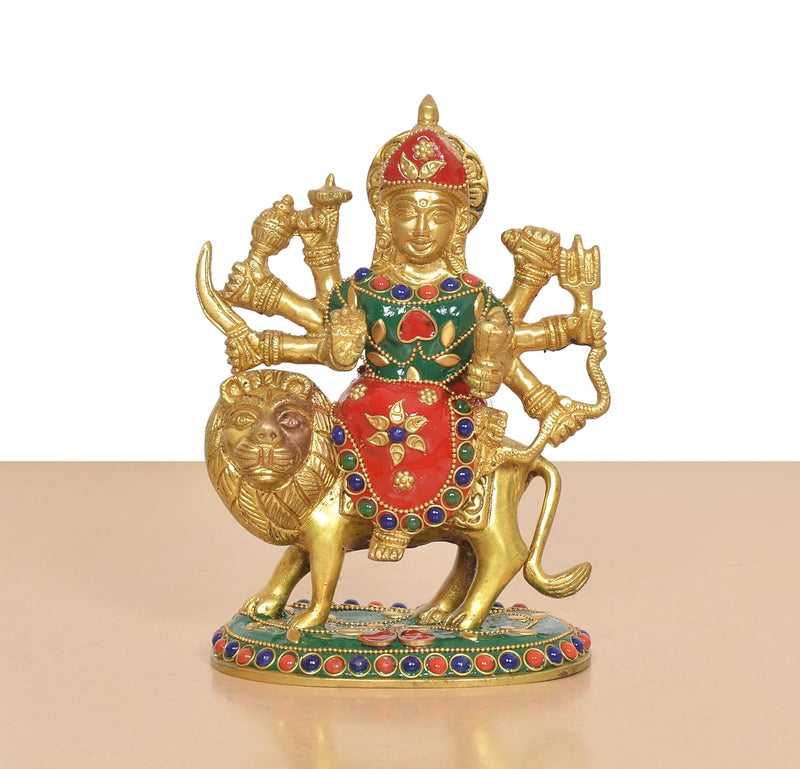 Brass Durga Maa with Lion Idol (Height: 6.5 Inch)