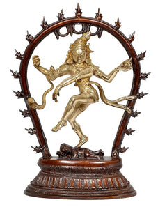 Brass Natraj Lord Shiva dancing figure with detailed crown and bowing hands, on stand