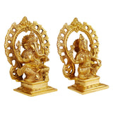Brass Lakshmi-Ganesh sitting idols, angled front close view