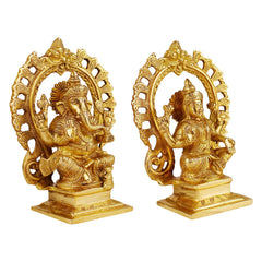 Brass Lakshmi-Ganesh sitting idols, angled front close view