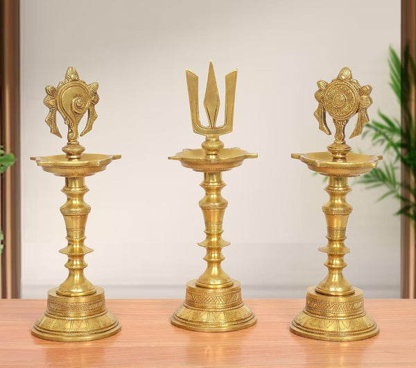 Brass Traditional Diya Shankh, Chakra, Naama Oil Lamp Tirupati Balaji Symbol (Height 12 Inch)
