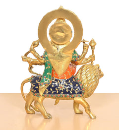 Estatua de Durga de latón con león, vista trasera con halo, ropa azul y naranja