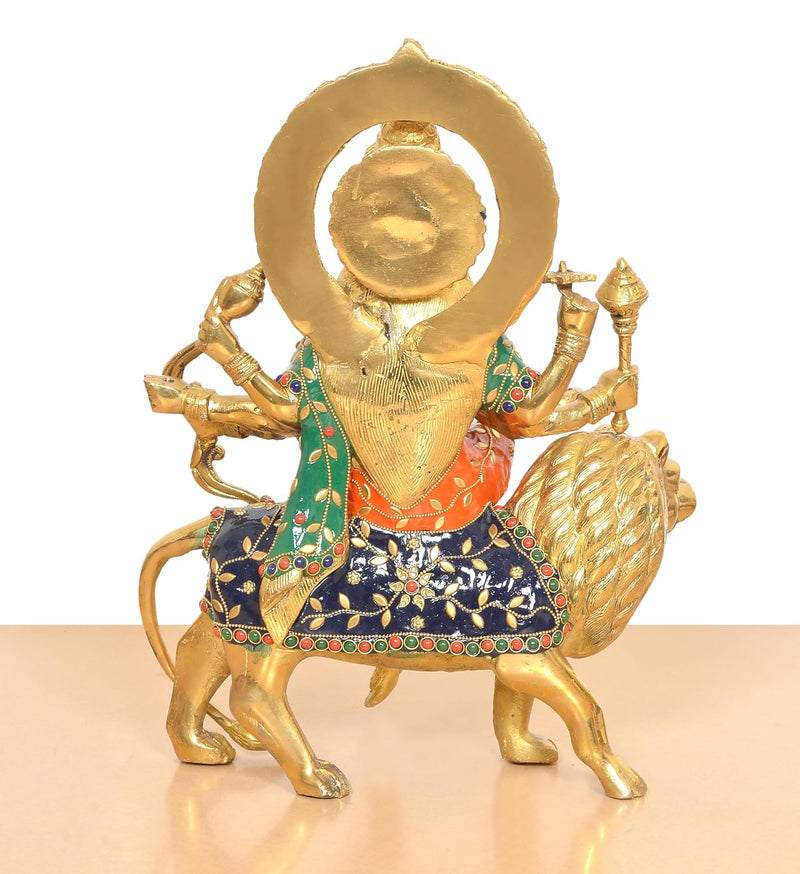 Brass Durga Maa with Lion Statue (Height: 14 Inch)
