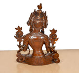 Rückansicht: sitzende Tara-Devi Messingstatue mit zentralem Rückenrelief und vier Ornamenten