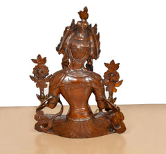 Rückansicht: sitzende Tara-Devi Messingstatue mit zentralem Rückenrelief und vier Ornamenten