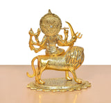 Durga Maa metal idol on lion, rear view with circular back ornament and tail